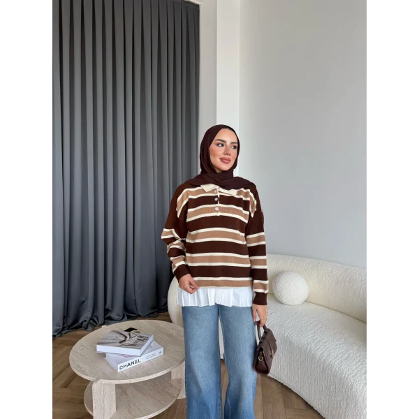 Mirlan Çizgi Detaylı Triko Kazak - Kahve