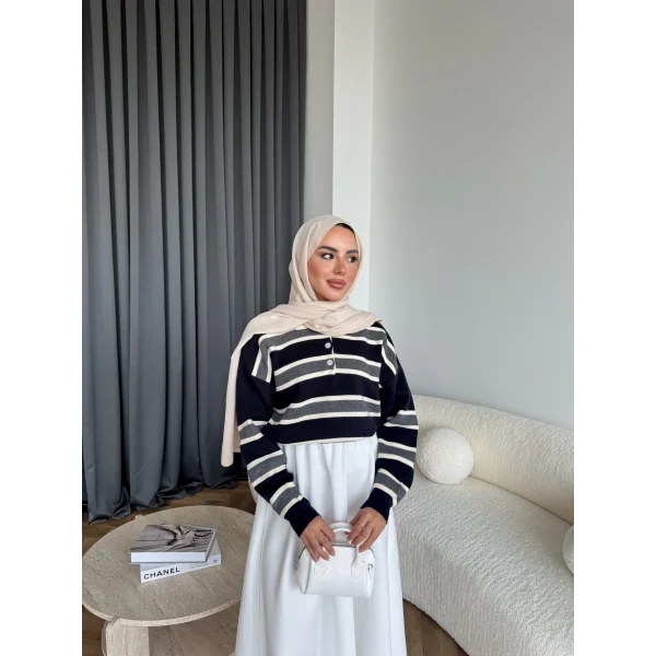 Mirlan Çizgi Detaylı Triko Kazak - Lacivert - Gri