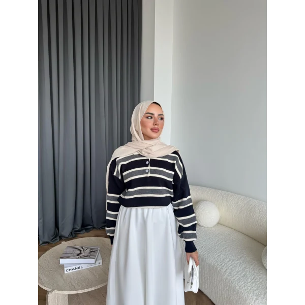 Mirlan Çizgi Detaylı Triko Kazak - Lacivert - Gri