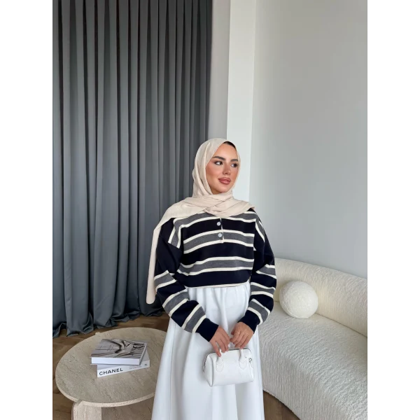 Mirlan Çizgi Detaylı Triko Kazak - Lacivert - Gri