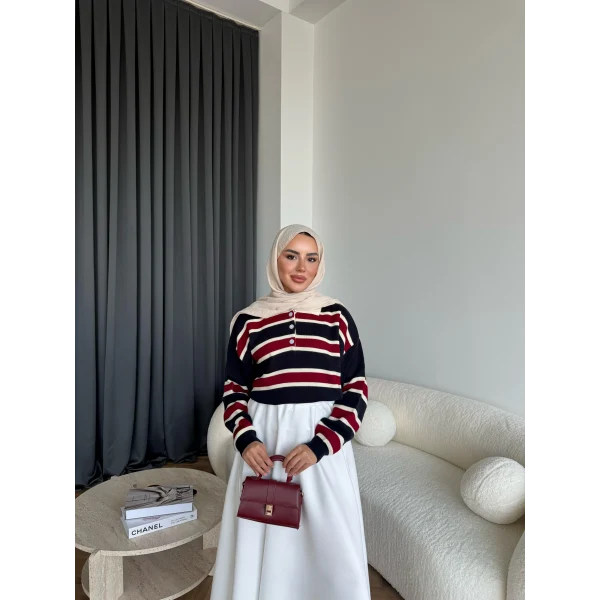 Mirlan Çizgi Detaylı Triko Kazak - Lacivert - Bordo