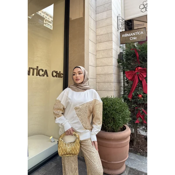 Molla Pul Detaylı Sweat Takım - Gold