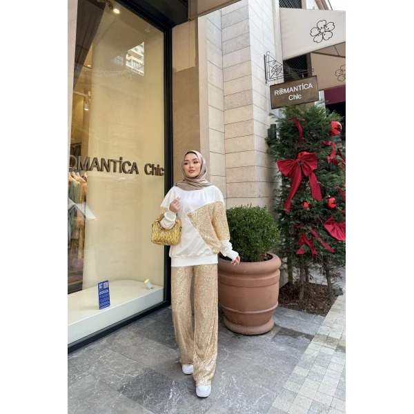 Molla Pul Detaylı Sweat Takım - Gold
