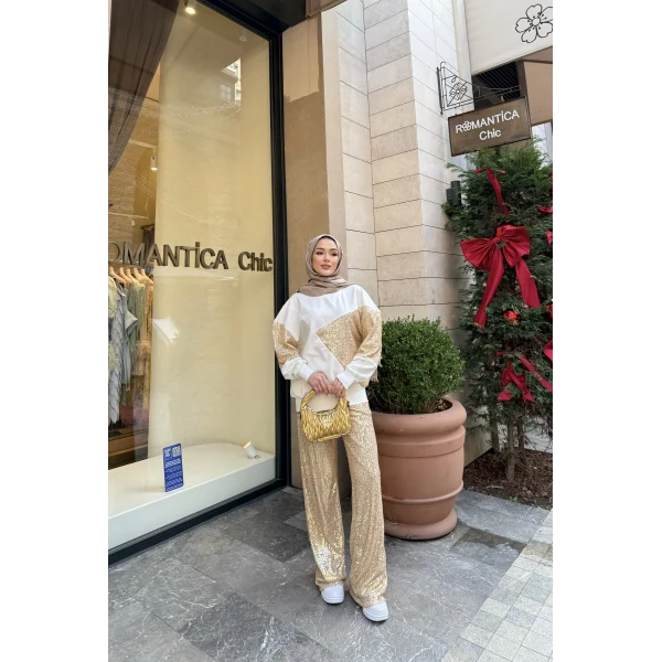 Molla Pul Detaylı Sweat Takım - Gold