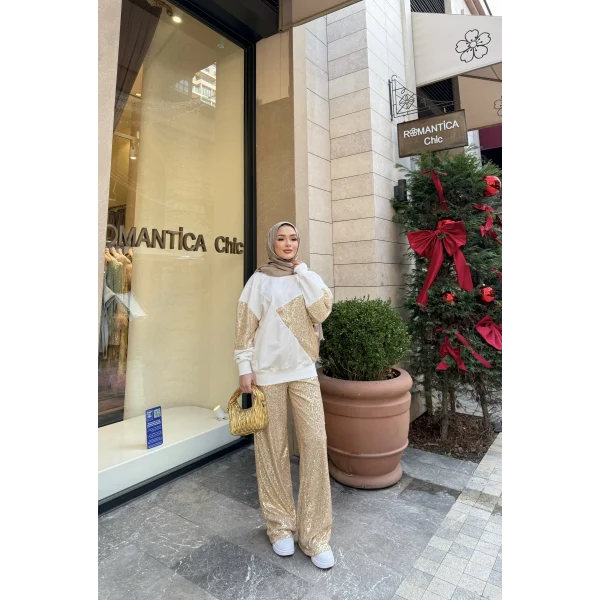 Molla Pul Detaylı Sweat Takım - Gold