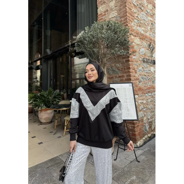 Molla Pul Detaylı Sweat Takım - Siyah