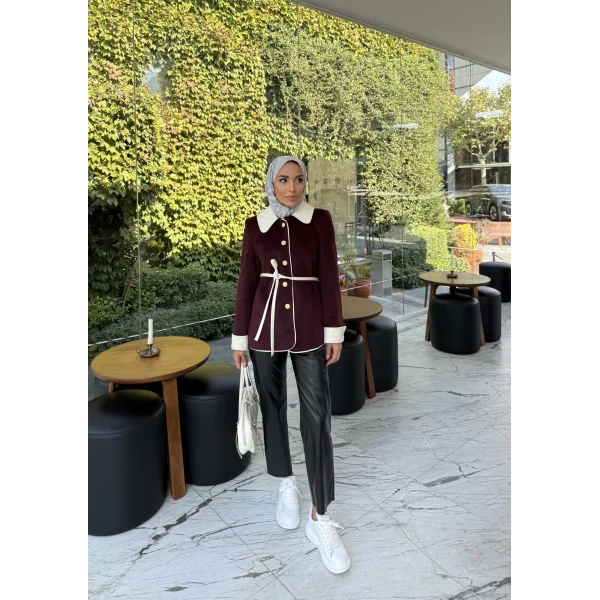 Monah Biyeli Kaşe Kaban - Bordo