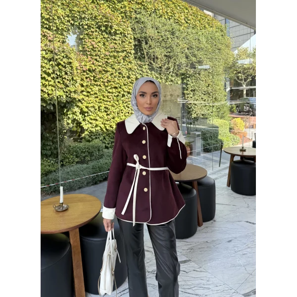 Monah Biyeli Kaşe Kaban - Bordo