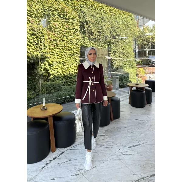 Monah Biyeli Kaşe Kaban - Bordo