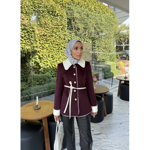 Monah Biyeli Kaşe Kaban - Bordo