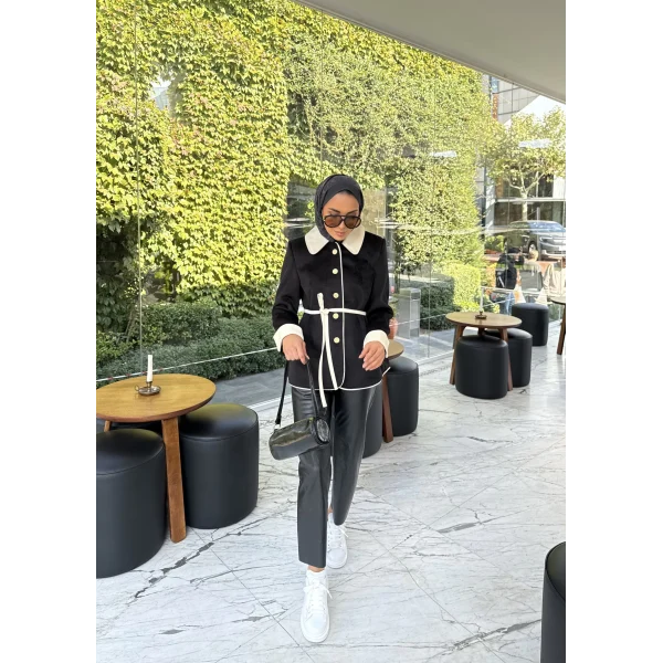 Monah Biyeli Kaşe Kaban - Siyah