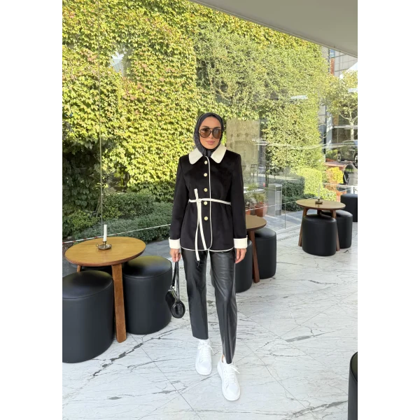 Monah Biyeli Kaşe Kaban - Siyah