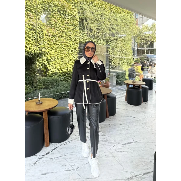 Monah Biyeli Kaşe Kaban - Siyah