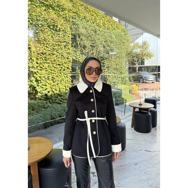 Monah Biyeli Kaşe Kaban - Siyah