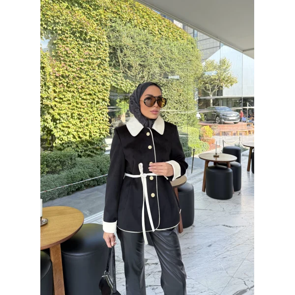 Monah Biyeli Kaşe Kaban - Siyah