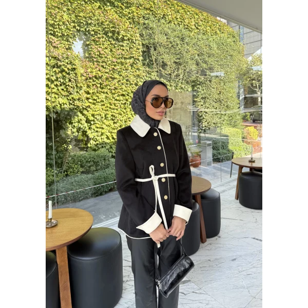 Monah Biyeli Kaşe Kaban - Siyah