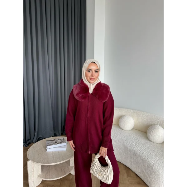 Monica Yakası Kürk Detaylı Takım - Bordo
