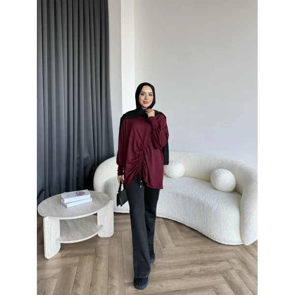 Mury Büzgü Detaylı Triko Kazak - Bordo