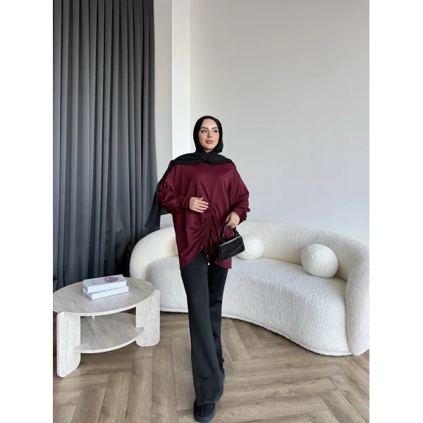 Mury Büzgü Detaylı Triko Kazak - Bordo