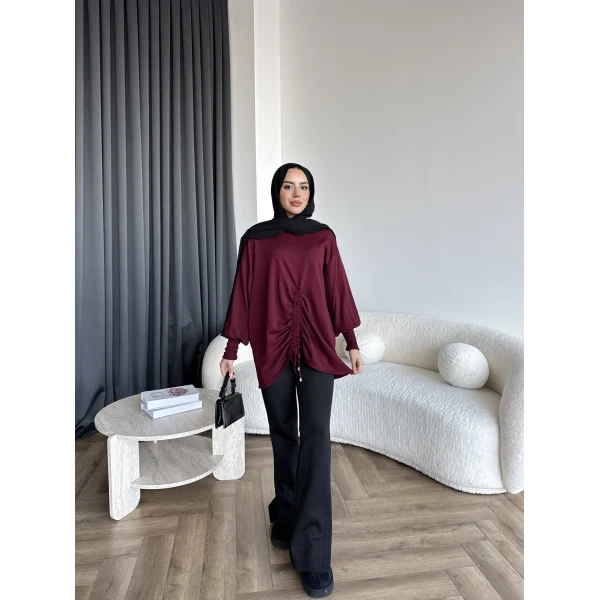 Mury Büzgü Detaylı Triko Kazak - Bordo