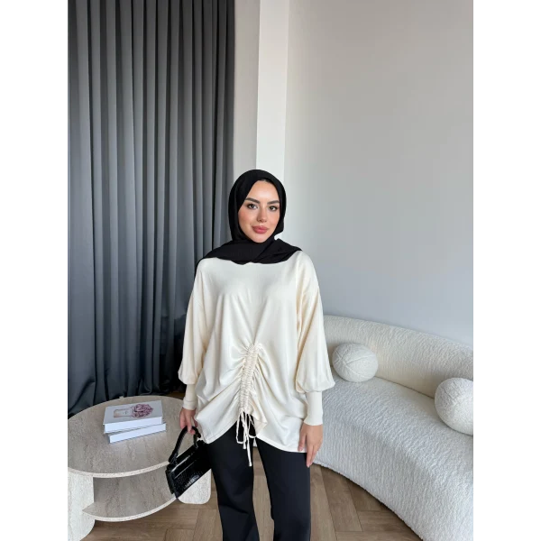 Mury Büzgü Detaylı Triko Kazak - Ekru