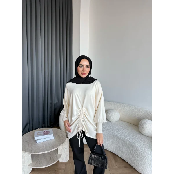 Mury Büzgü Detaylı Triko Kazak - Ekru