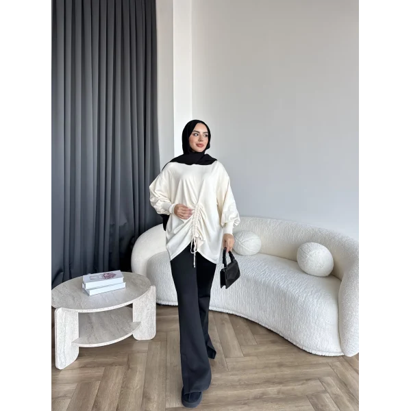 Mury Büzgü Detaylı Triko Kazak - Ekru