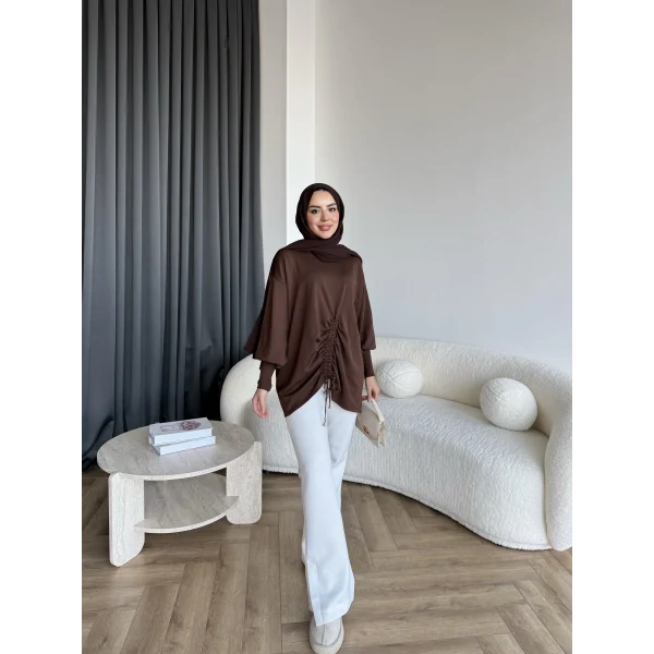 Mury Büzgü Detaylı Triko Kazak - Kahve