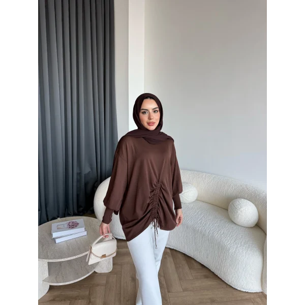 Mury Büzgü Detaylı Triko Kazak - Kahve