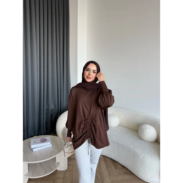 Mury Büzgü Detaylı Triko Kazak - Kahve