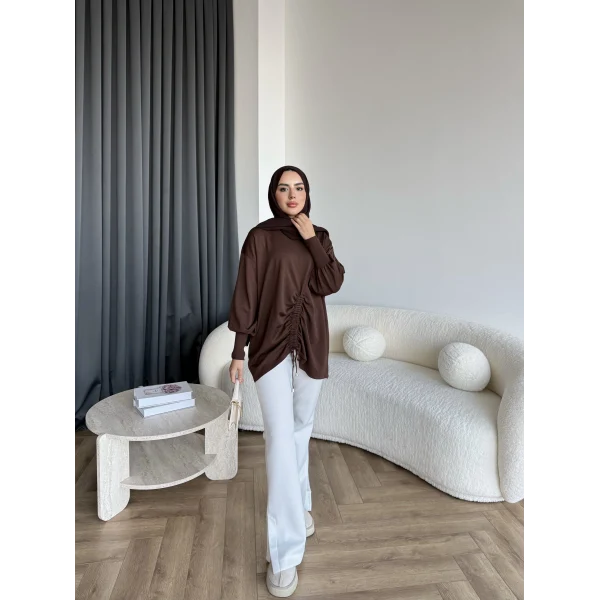 Mury Büzgü Detaylı Triko Kazak - Kahve