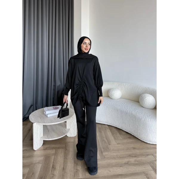 Mury Büzgü Detaylı Triko Kazak - Siyah