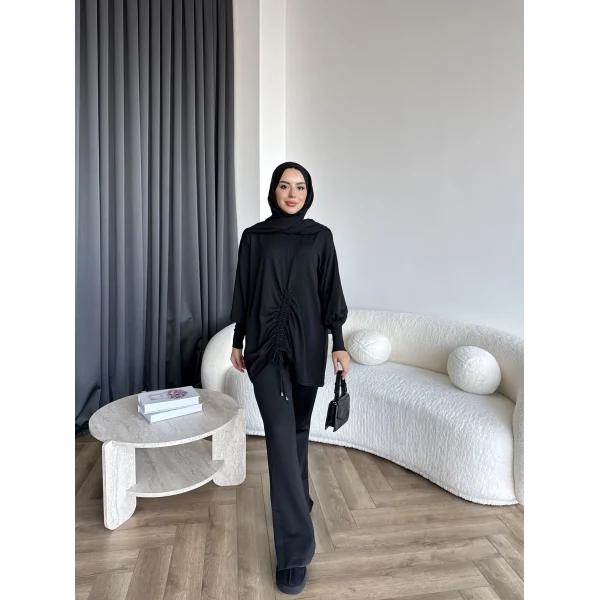 Mury Büzgü Detaylı Triko Kazak - Siyah