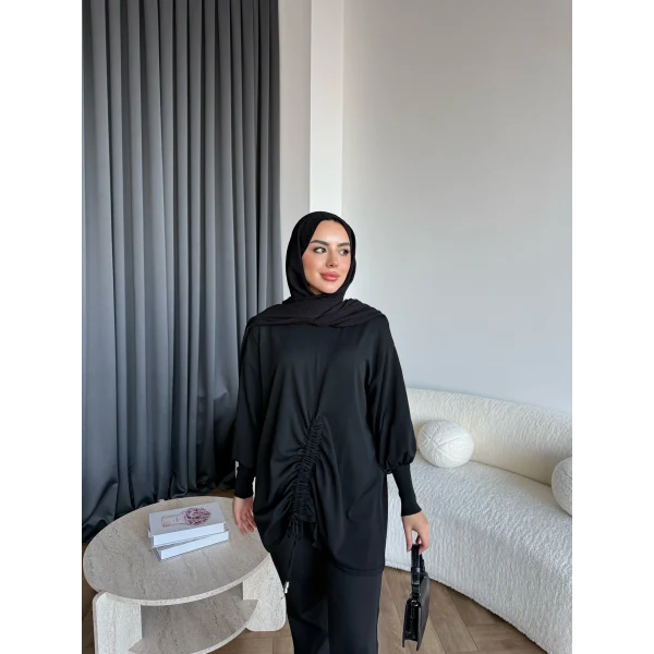 Mury Büzgü Detaylı Triko Kazak - Siyah