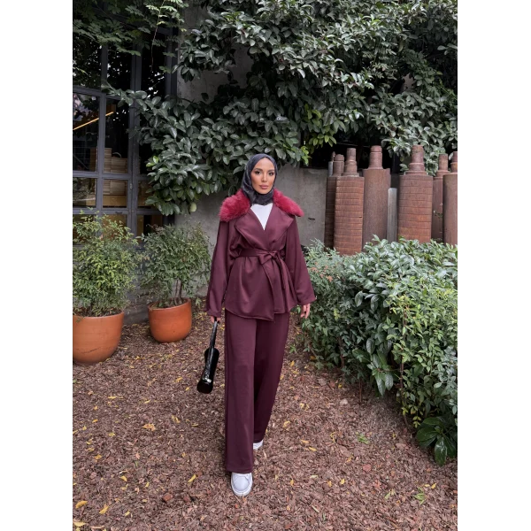 Natan Kürk Detaylı Scuba Takım - Bordo