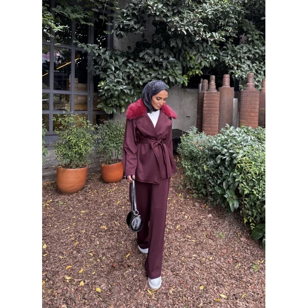 Natan Kürk Detaylı Scuba Takım - Bordo