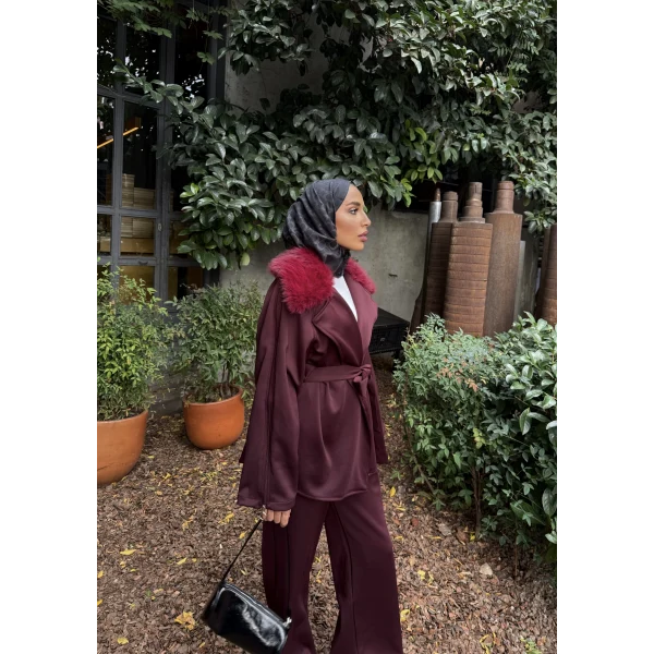 Natan Kürk Detaylı Scuba Takım - Bordo