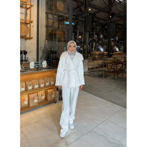 Natan Kürk Detaylı Scuba Takım - Ekru