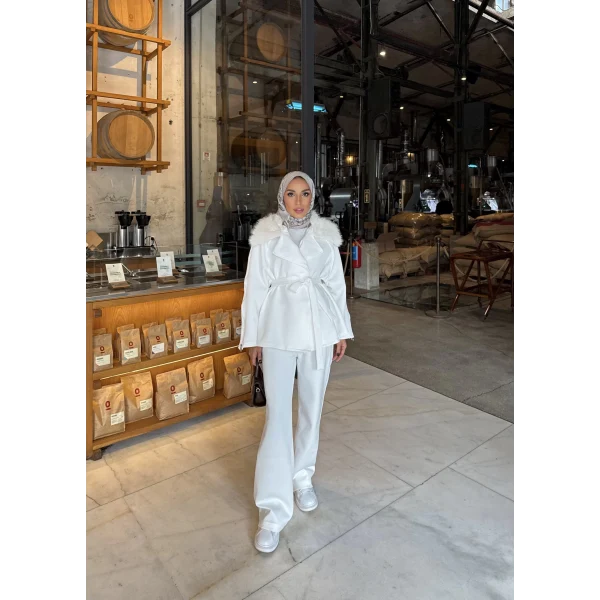 Natan Kürk Detaylı Scuba Takım - Ekru