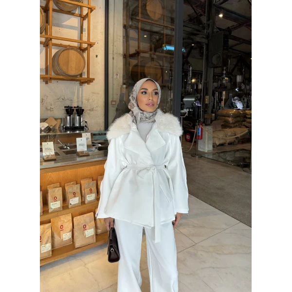 Natan Kürk Detaylı Scuba Takım - Ekru