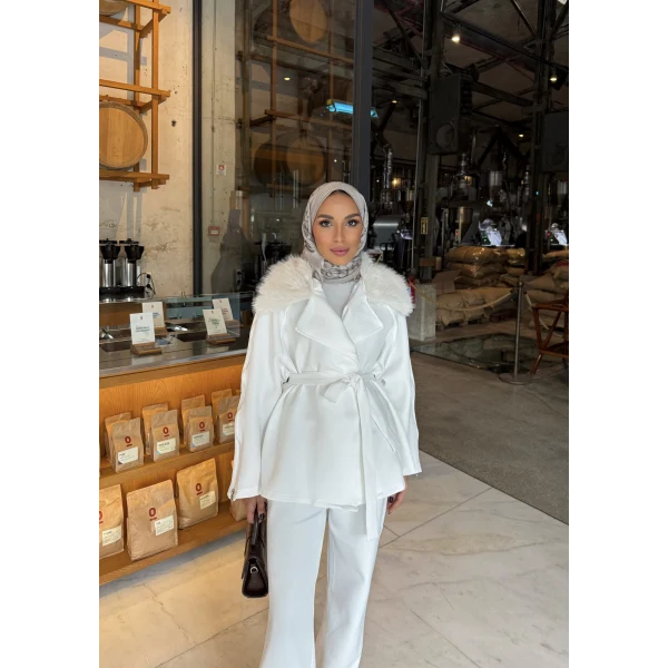 Natan Kürk Detaylı Scuba Takım - Ekru