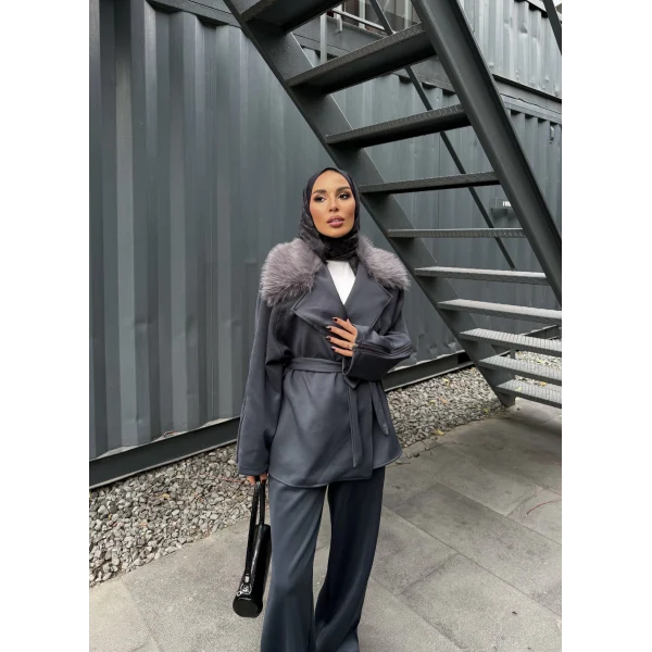 Natan Kürk Detaylı Scuba Takım - Gri