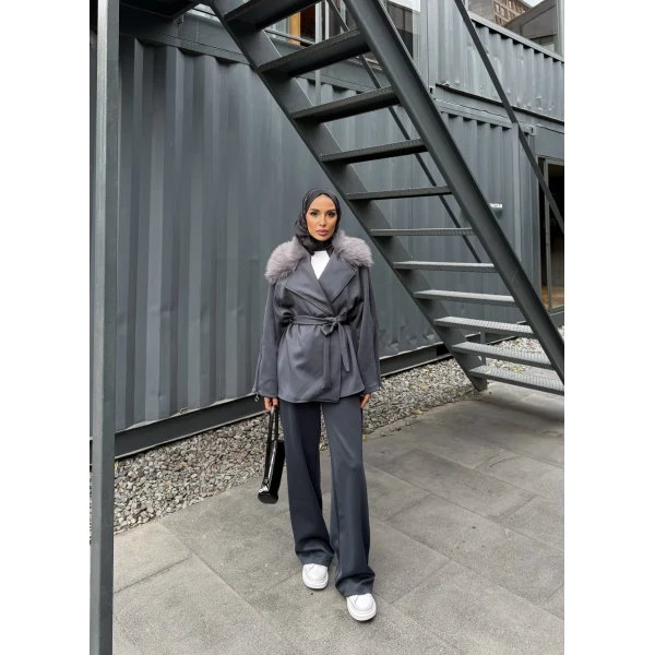 Natan Kürk Detaylı Scuba Takım - Gri