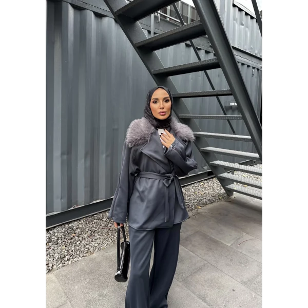 Natan Kürk Detaylı Scuba Takım - Gri