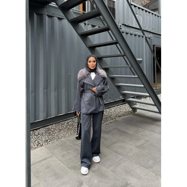 Natan Kürk Detaylı Scuba Takım - Gri