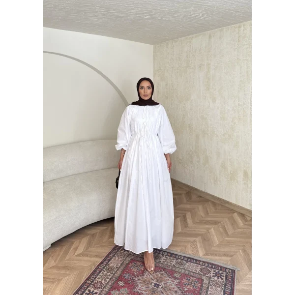 Nervür Bağlamalı Vual Elbise - Beyaz