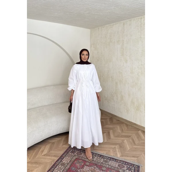 Nervür Bağlamalı Vual Elbise - Beyaz