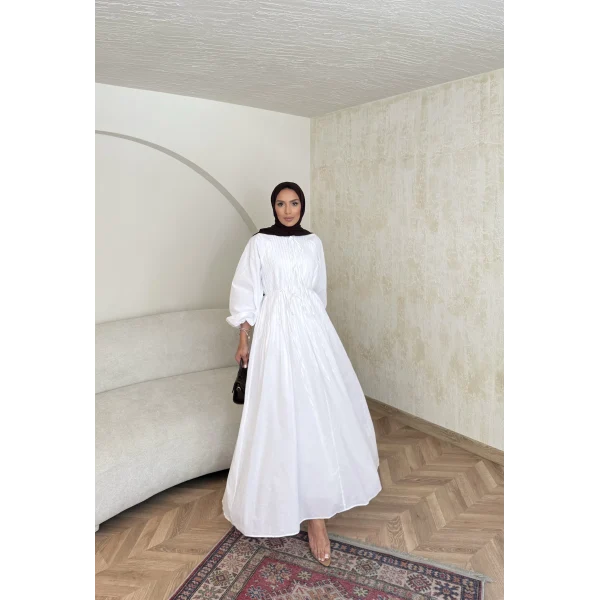 Nervür Bağlamalı Vual Elbise - Beyaz