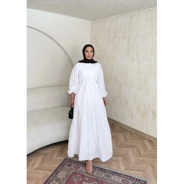 Nervür Bağlamalı Vual Elbise - Beyaz