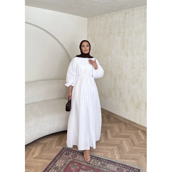 Nervür Bağlamalı Vual Elbise - Beyaz